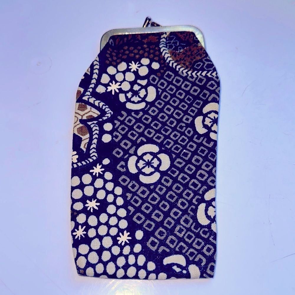 Vtg navy‎ blue, brown & cream cloth snap top glasses case/cigarette holder